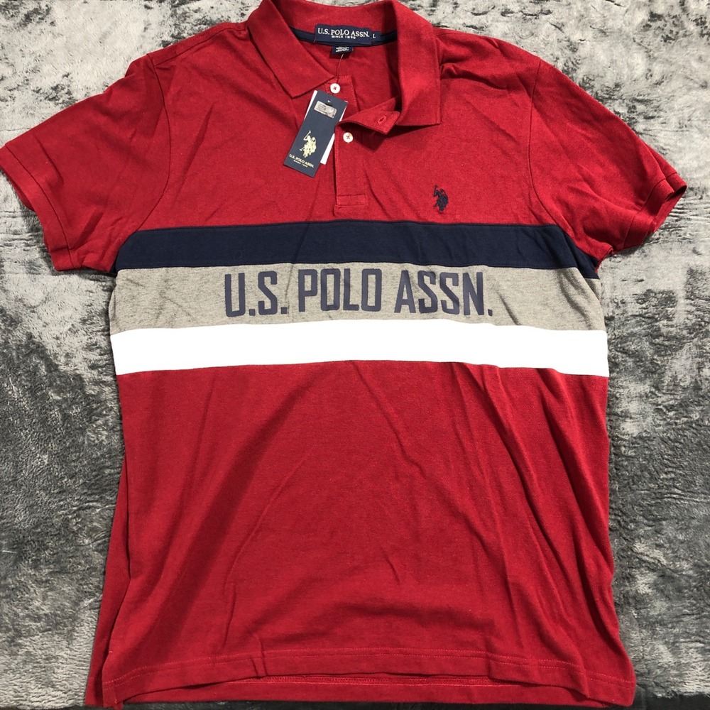 US Polo Assn Polo Shirt Mens L Red Color‎ Block Pique Short Sleeve 11A301 NEW